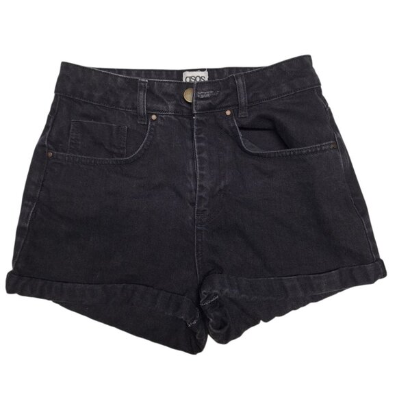 ASOS Black denim shorts womens size 4 high rise rolled hem cotton - Picture 1 of 7